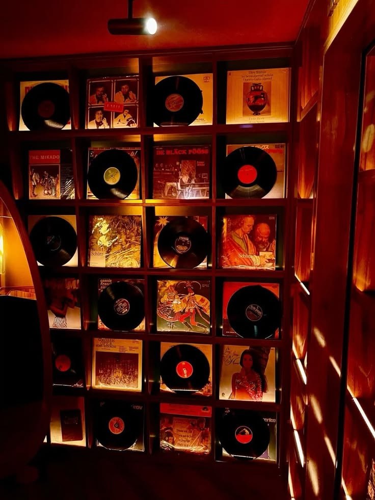 Illuminated wooden archive shelf of vinyl records